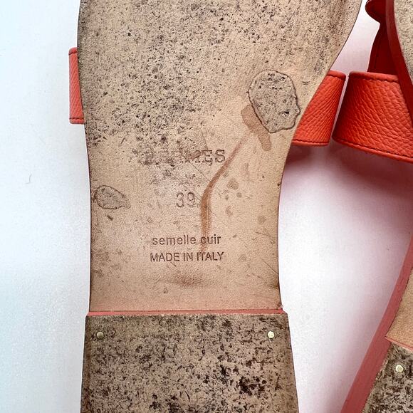 HERMES Oran Sandal Orange Joey Epsom Womens Size 39 Calf Leather Flat - Picture 13 of 16